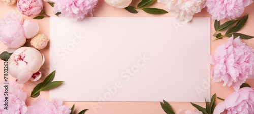 Mother's Day, spring, valentine's day or other celebration holiday concept greeting card temoplate - Peonies and empty rectangular paper note frame on peach fuzz table texture background © Corri Seizinger