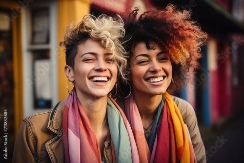 Joyful friends laughing together, colorful scarves, urban background