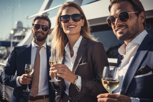 Elegant friends with wine glasses on a yacht enjoying the sun