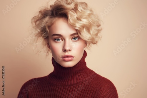 Portrait of a young beautiful lady in knitwear sweater, beige and maroon colors