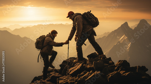 Man helping his friend reach the top of the mountain - achieving summit - golden hour - mountain climbing - hiking - teamwork - support - affection 