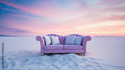 Cozy Purple Sofa with cushions on a white sand beach, pastel sky © Sohaib q