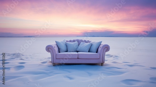 Cozy Purple Sofa with cushions on a white sand beach, pastel sky © Sohaib q