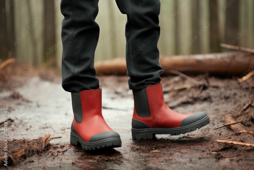 a person wearing a pair of fancy Logger Boots, red, black and grey colors a person wearing a pair of fancy Logger Boots, red, black and grey colors