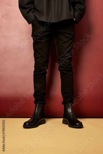 a person wearing a pair of black fashion boots