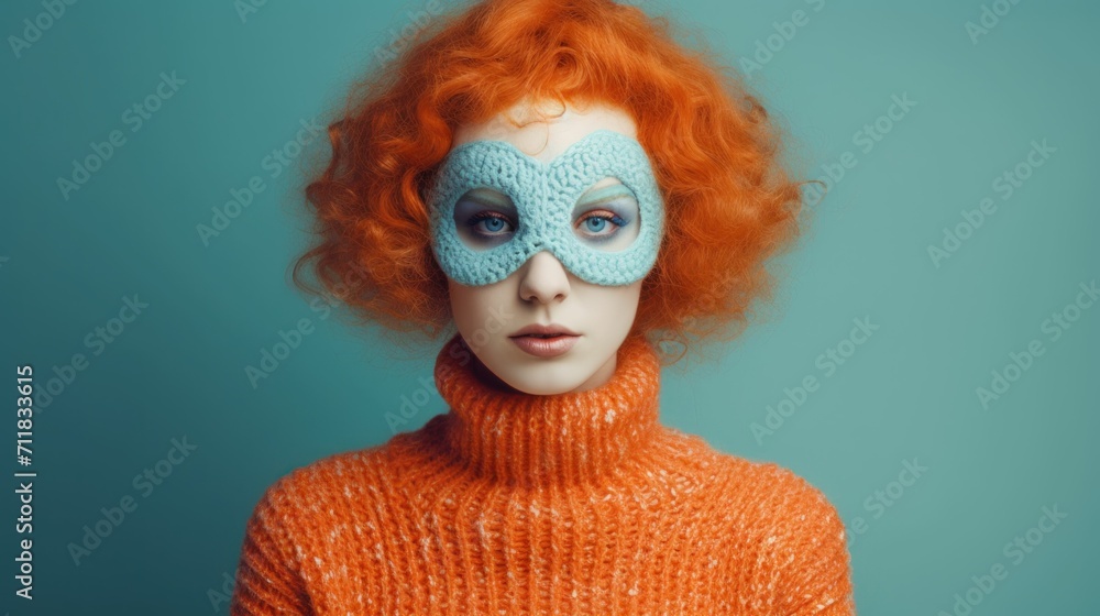 Young lady wearing a face mask and orange sweater with minimal background Young lady wearing a face mask and orange sweater with minimal background
