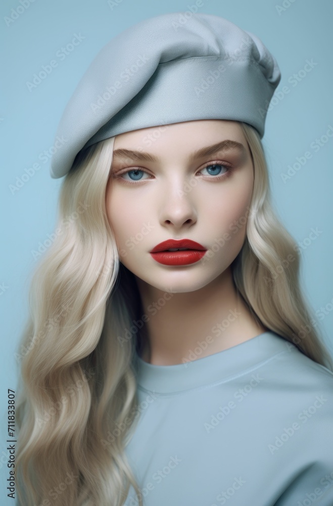 Beautiful young lady in grey beret and outfit looking at the camera Beautiful young lady in grey beret and outfit looking at the camera