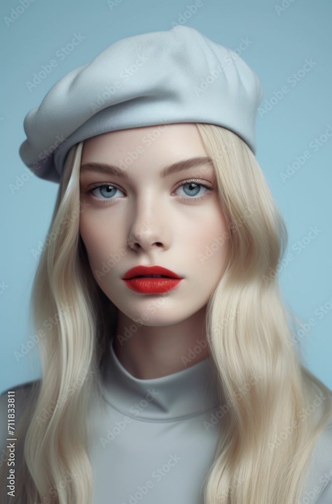Beautiful young lady in grey beret and outfit looking at the camera Beautiful young lady in grey beret and outfit looking at the camera