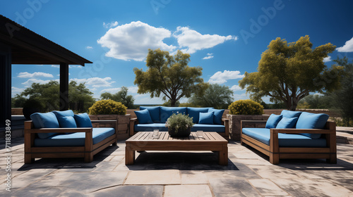 Patio seating - high-end patio furniture -colorful  artwork - bright vibrant colors - meticulous symmetry - perfectly centered composition  