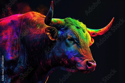 Portrait of bull in neon colors, dark background 