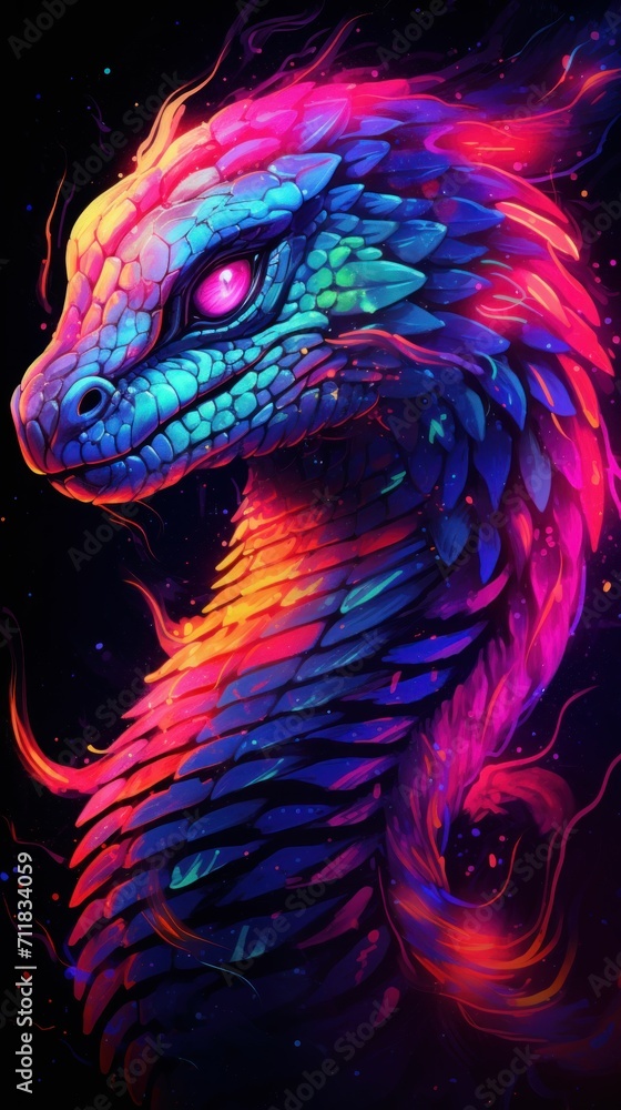 Portrait of Snake in neon colors, dark background