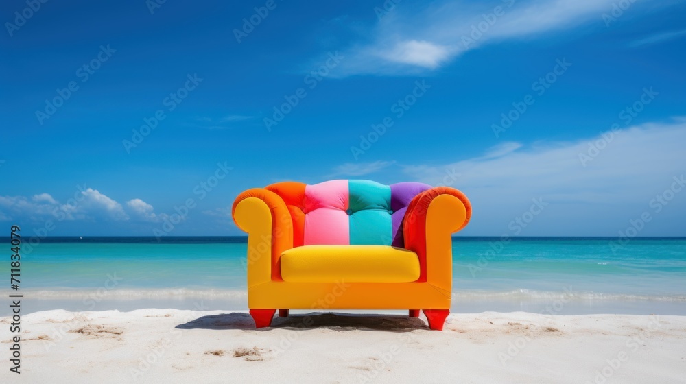 Colorful funky sofa on the white sand beach with blue sky