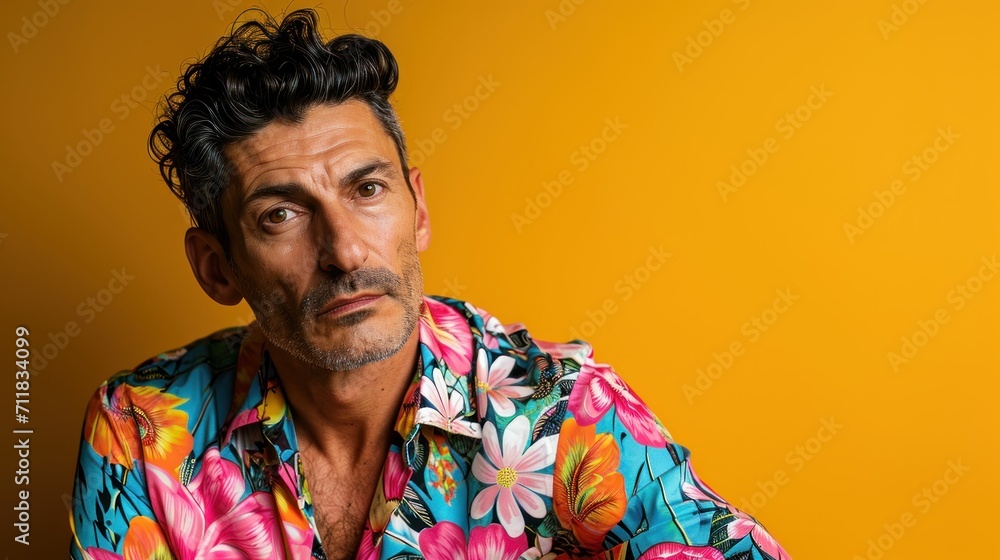 Confident Italian Man in vibrant color funky Outfit looking at the camera Confident Italian Man in vibrant color funky Outfit looking at the camera