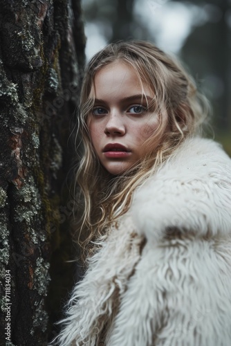 Portrait of a pretty lady standing next to an old tree wearing white fur coat
