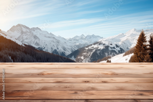 Empty wooden table in front blur alpine mountain background, product display
