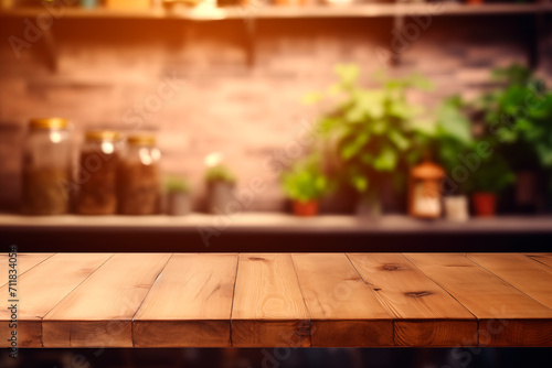 Empty wooden table in front kitchen background  product display 