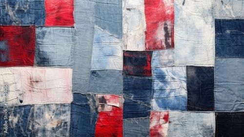 Collage of jeans patchwork abstract background, blue and red colors 