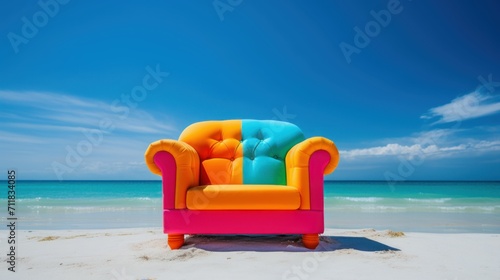 Colorful funky sofa on the white sand beach with blue sky © Sohaib q