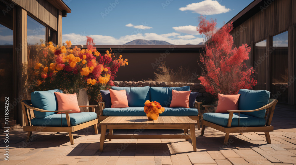 Patio seating - high-end patio furniture -colorful  artwork - bright vibrant colors - meticulous symmetry - perfectly centered composition   - obrazy, fototapety, plakaty 