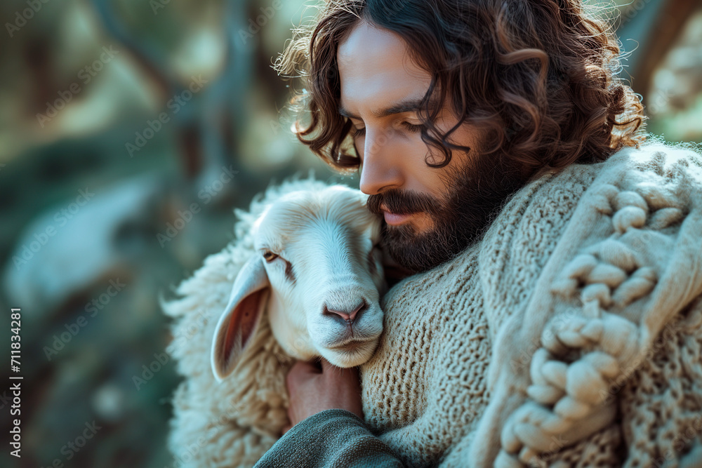 Jesus recovered lost sheep . Biblical story concept Jesus recovered lost sheep . Biblical story concept