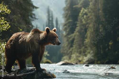 Brown bear in water hunting for fish © Sohaib q