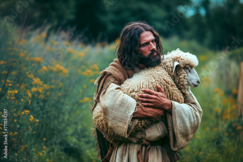 Jesus recovered lost sheep . Biblical story concept photo