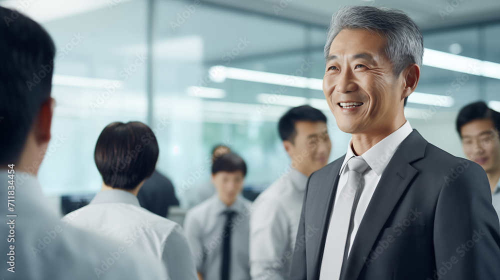Senior Asian man executive dressed in a suit. Corporate CEO standing in the office with workers Senior Asian man executive dressed in a suit. Corporate CEO standing in the office with workers