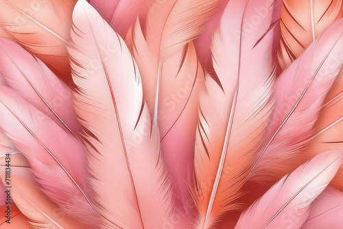Close-up of feather texture.Peach Fuzz -color of the year 2024 background for design.Generative AI 