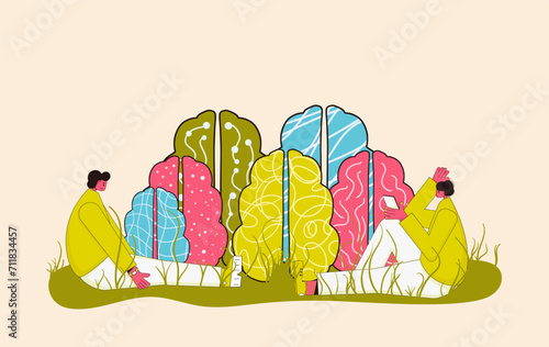 Sad friends sitting near different brains. Neurodiversity symbol. ADHD and autistic characters. Brainstorming, creative thinking. Human minds metaphor. Vector illustration