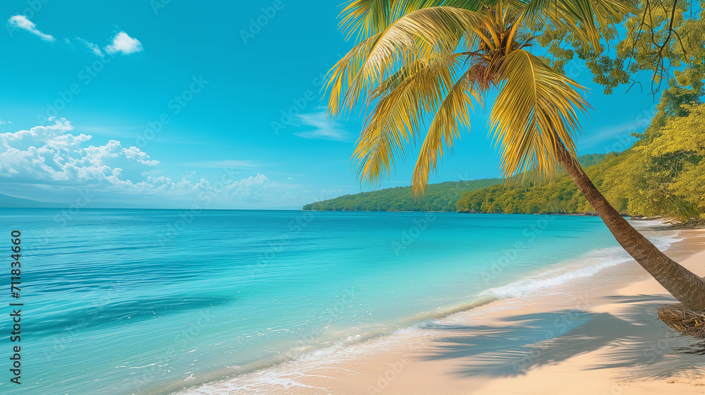 Beautiful beach with palms and turquoise sea in an island