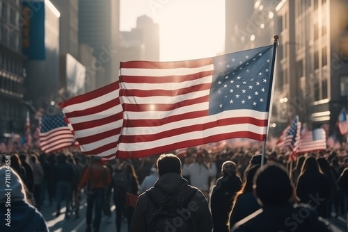 Person with backpack facing American flags at a crowded event © Iona