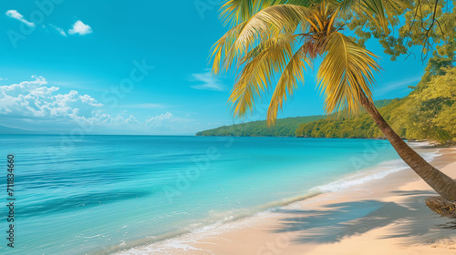 Beautiful beach with palms and turquoise sea in an island