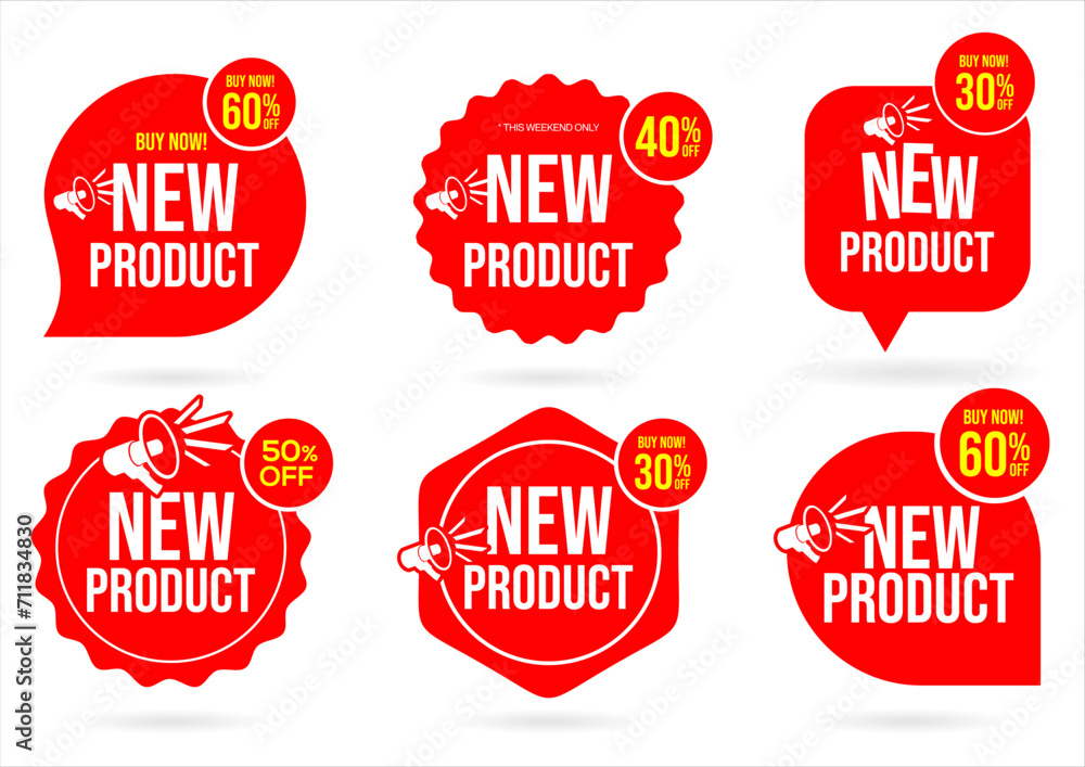 New product red sticker tag or banner with megaphone vector illustration