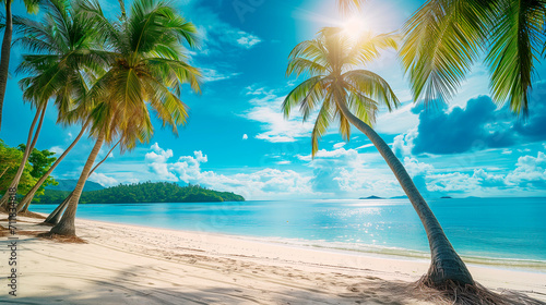 Panorama of tropical beach with coconut palm trees