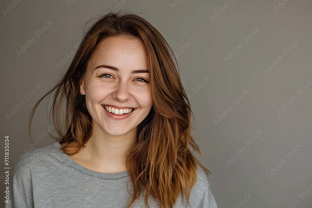 A woman with brown hair is smiling and wearing a grey shirt A woman with brown hair is smiling and wearing a grey shirt