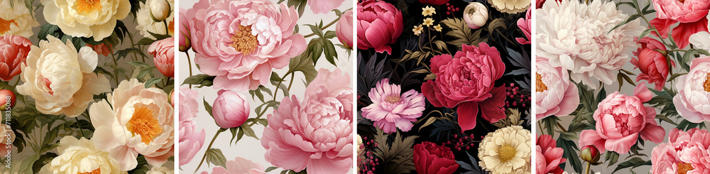 Seamless floral print and pattern of burgundy and pink flowers of peonies, buds, plants and leaves for wrapping paper, greeting card or background - obrazy, fototapety, plakaty 