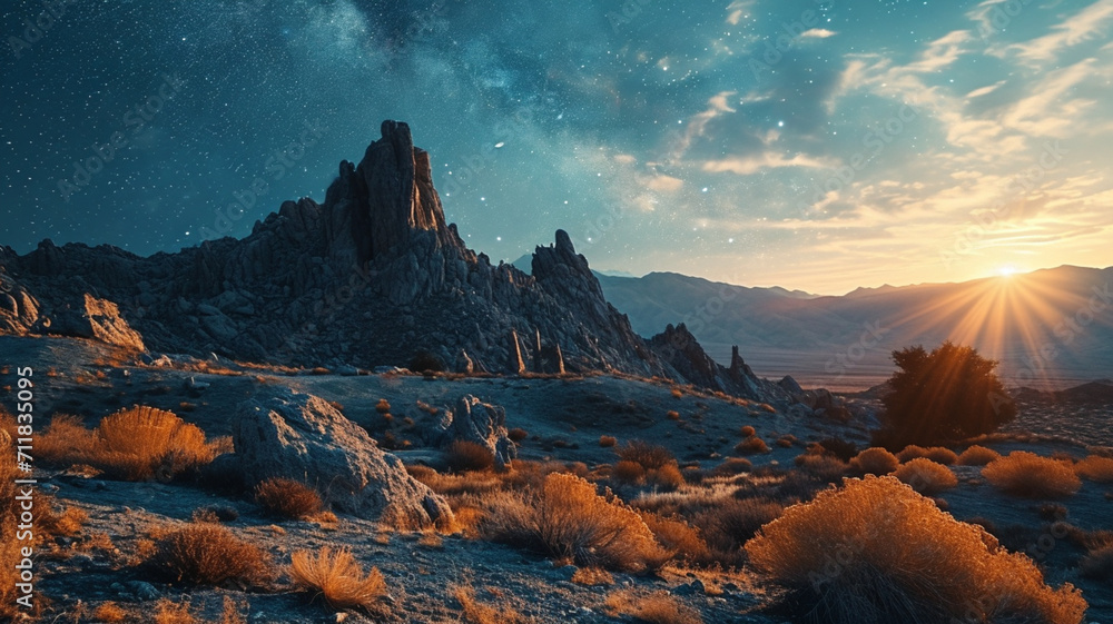 Otherworldly desert landscape with surreal rock formations and a sky filled with stars