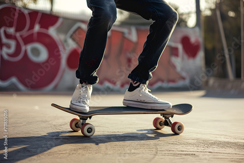 Skateboard, feet and man skating on road for fitness, exercise and wellness. Training sports, shoes and legs of male skater on board, skateboarding or riding outdoors for balance or workout on street