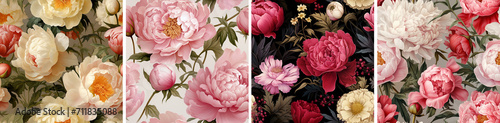 Seamless floral print and pattern of burgundy and pink flowers of peonies, buds, plants and leaves for wrapping paper, greeting card or background photo