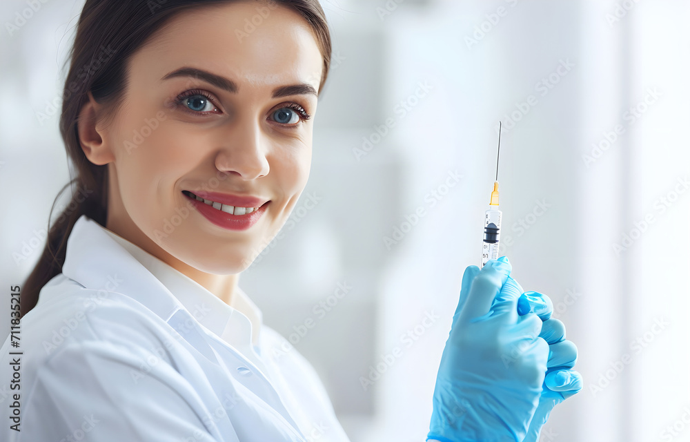doctor's hand in a blue medical glove holds a syringe on a blurred laboratory background. doctor's hand in a blue medical glove holds a syringe on a blurred laboratory background.