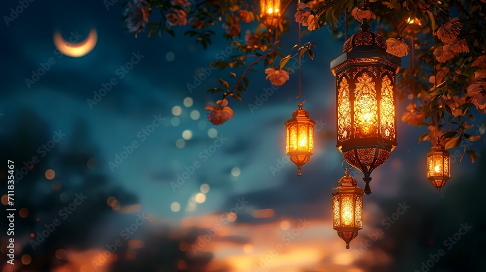 Lanterns hanging on the tree. Ramadan Kareem background.
