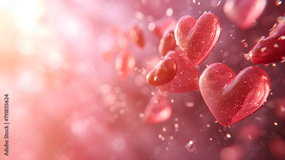 Floating Hearts with Dewdrops in Pink Bokeh Light