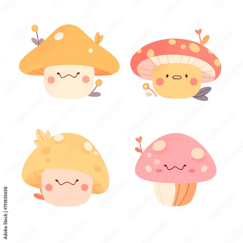 Cute Cartoon Mushrooms with Playful Expressions Cute Cartoon Mushrooms with Playful Expressions