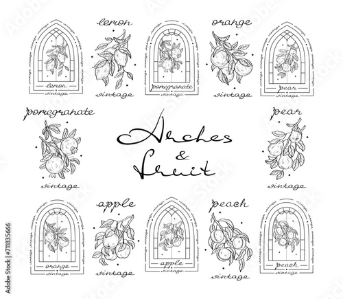Vintage set of fruits and arches with apples, oranges, pears, pomegranates, lemons and peaches.
