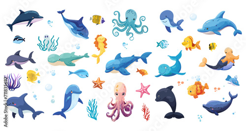 Set with hand drawn sea life elements. Vector doodle cartoon set of marine life objects for your design photo