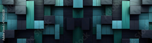 Wood as dark blue, blue and turquoise geometric blocks, closeup of mosaic squares pattern, graphics for backgrounds, wallpaper, texture with layers photo