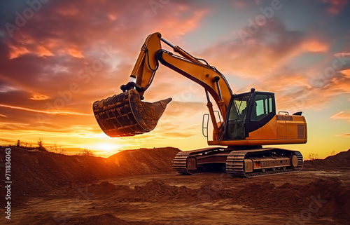 Excavator works on a construction site during excavation work against a blue sky background. Open pit development for sand extraction