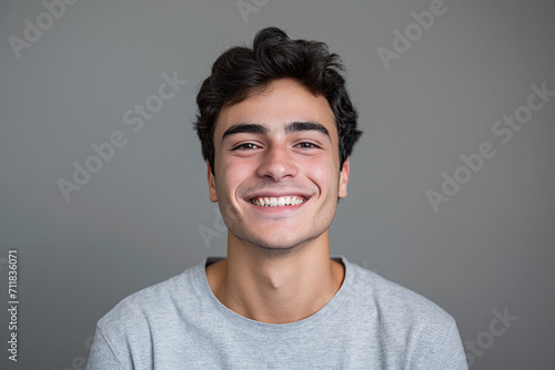 A young man wearing a grey shirt smiles for the camera photo