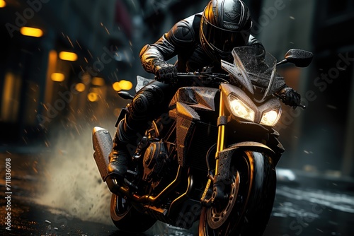 A daring rider speeds through the dark streets on their sleek motorcycle, adorned with a flashy fairing and protective helmet, fueled by the thrill of motorcycling under the stars