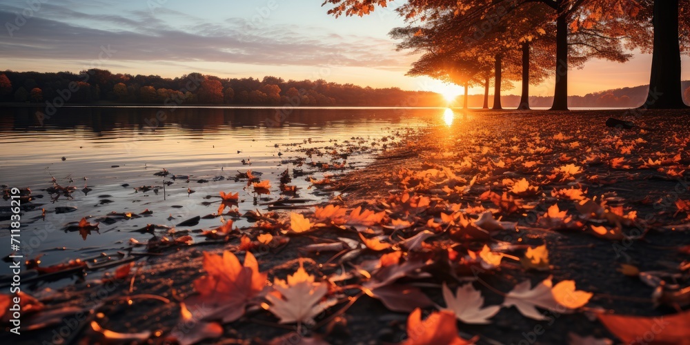 The fiery hues of autumn blanket the tranquil lake, as the morning sun reflects off the water and the trees stand tall against the golden sky